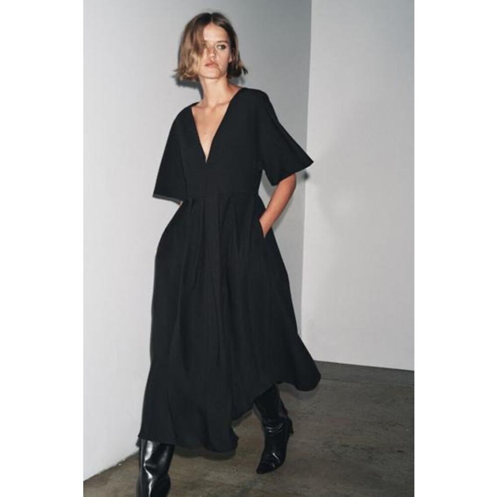 Zara Black Short Sleeve Midi Dress Large Aline Chic Modest Classic 8773/998 - Picture 8 of 14